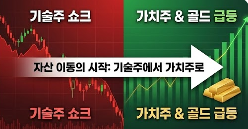 해외선물 전망2. [본문용 1] 자산 이동 (기술주 → 가치주/골드)
기술주와 가치주의 대비되는 흐름을 직관적인 분할 화면으로 구성했습니다.