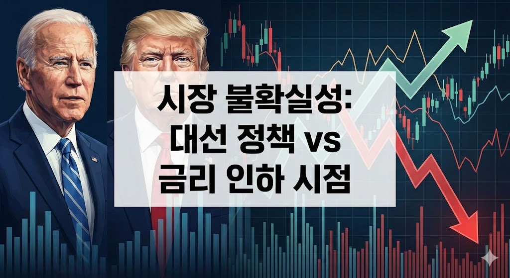 이미지 2: 본문 삽입용 (시장 불확실성)
대선 후보들과 복잡한 차트를 배경으로 시장의 불확실성을 시각적으로 표현했습니다.