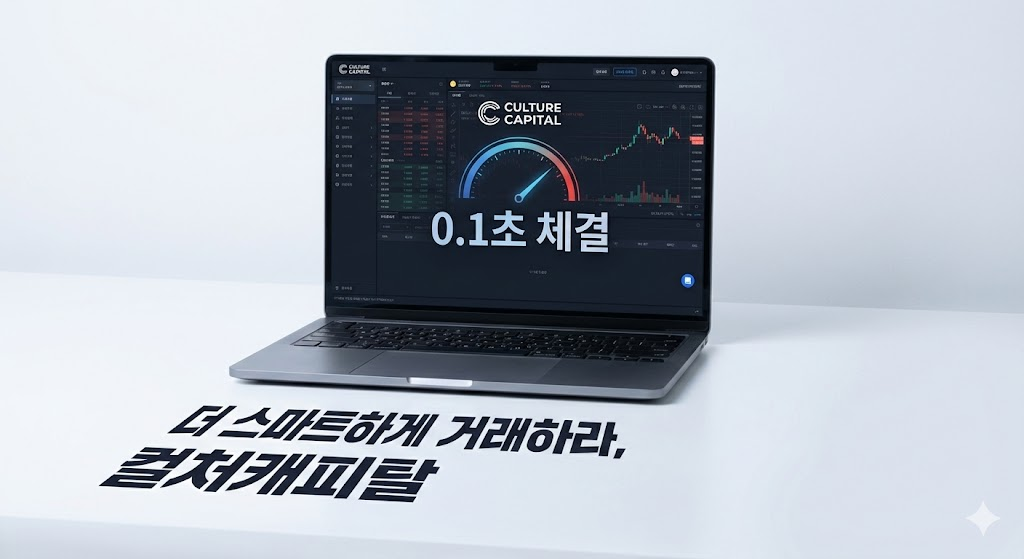 이미지 4: 본문 삽입용 (컬처캐피탈 홍보)
컬처캐피탈의 거래 플랫폼과 로고를 보여주며, 빠른 체결 속도를 강조하는 이미지입니다.