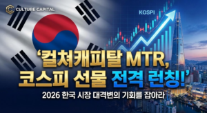설명: 컬쳐캐피탈의 코스피 선물 런칭을 알리는 웅장한 썸네일입니다. 태극기와 상승하는 한국 증시를 배경으로 핵심 메시지를 담았습니다.